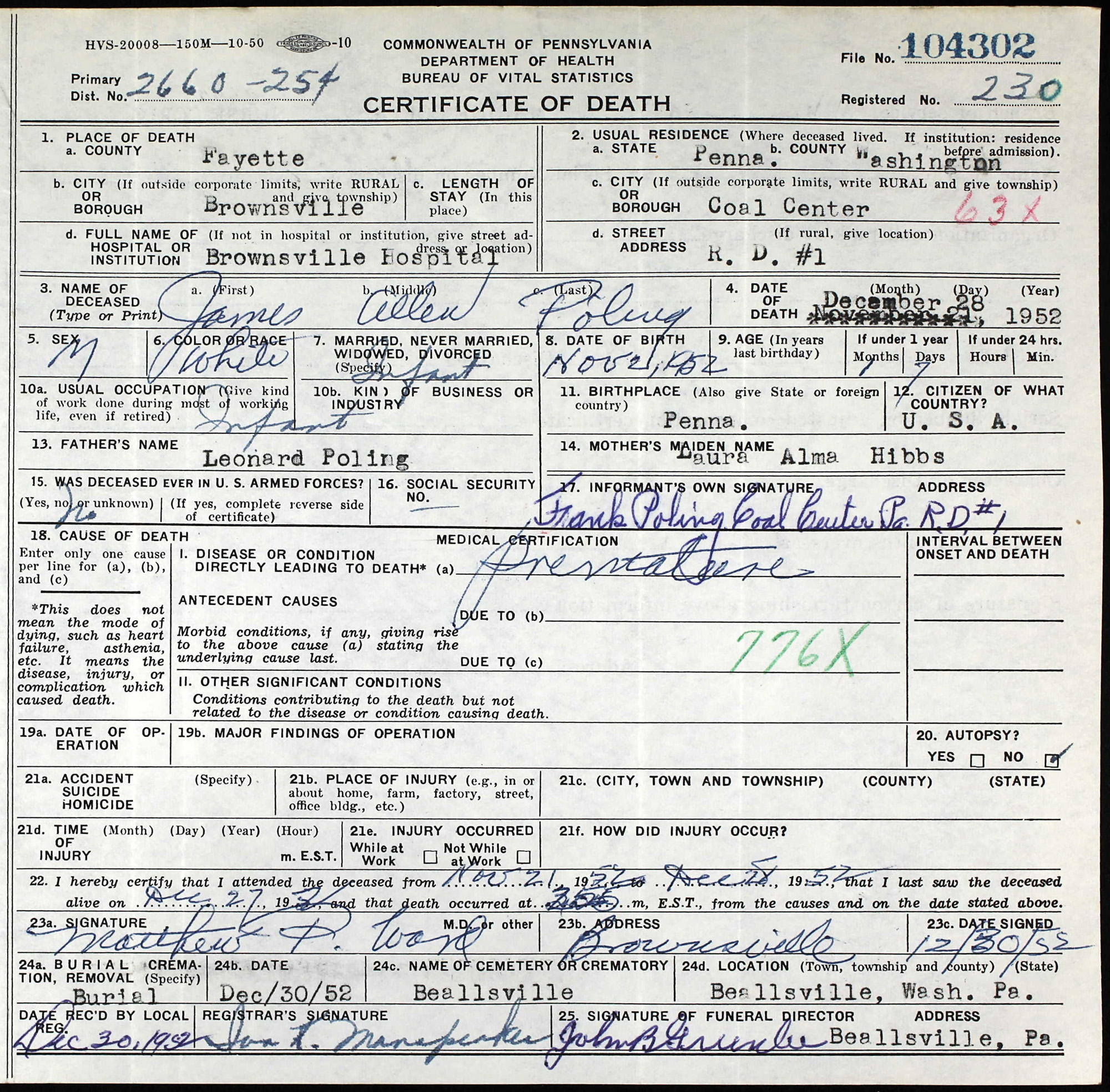 death certificate